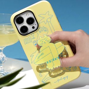 Surf cat grip on the back of a pale yellow phone case