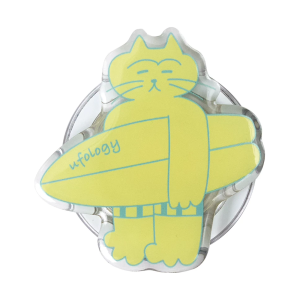 Surf cat MagSafe phone grip, a pale yellow cat holding a surfboard