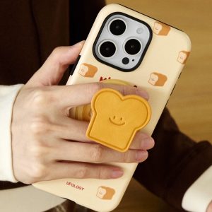 Toast grip on the back of a cream case printed with small slices of bread