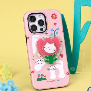 Tulip cat grip on the back of a pink case printed with cats and flowers
