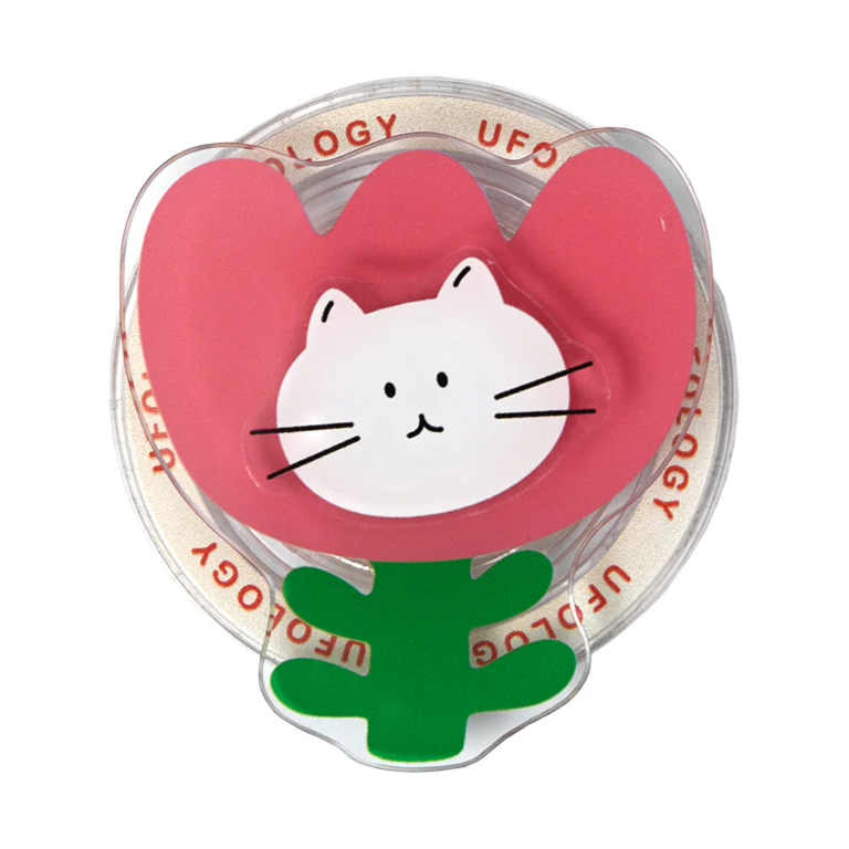 Tulip cat MagSafe phone grip, a white cat face inside a red tulip with green leaves