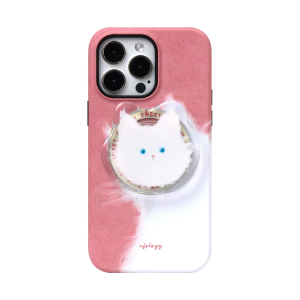 White Cat iPhone case in dusty pink with a clear cat-face MagSafe holder