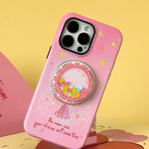 Pink fountain print iPhone case standing on a desk with its shaker holder attached