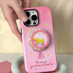 Hand lifting the pink fountain print case off a curved stand, shaker holder clipped on
