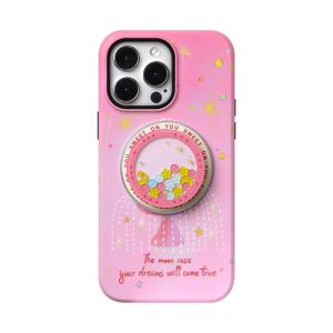 Wishing Fountain iPhone case in pink with a star-filled shaker MagSafe holder