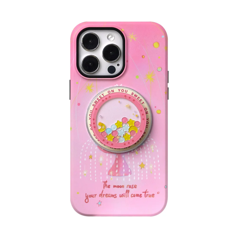 Wishing Fountain iPhone case in pink with a star-filled shaker MagSafe holder