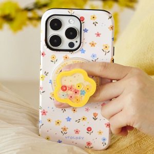 Yellow flower grip on the back of a white case printed with small flowers